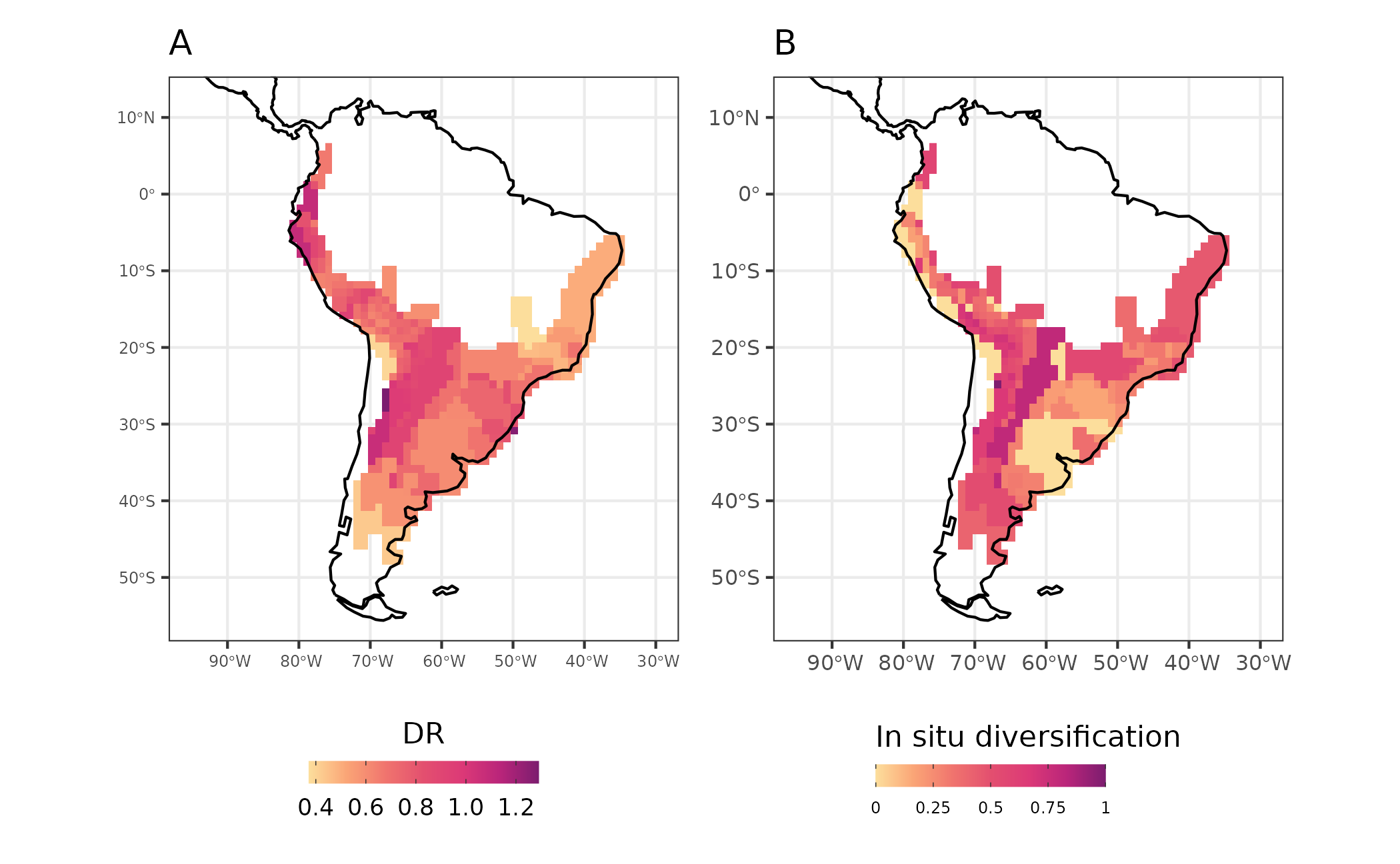 Figure 5 - Diversification rates (DR - A) and in-situ diversification (in-situ diversification - B) for Akodon assemblages