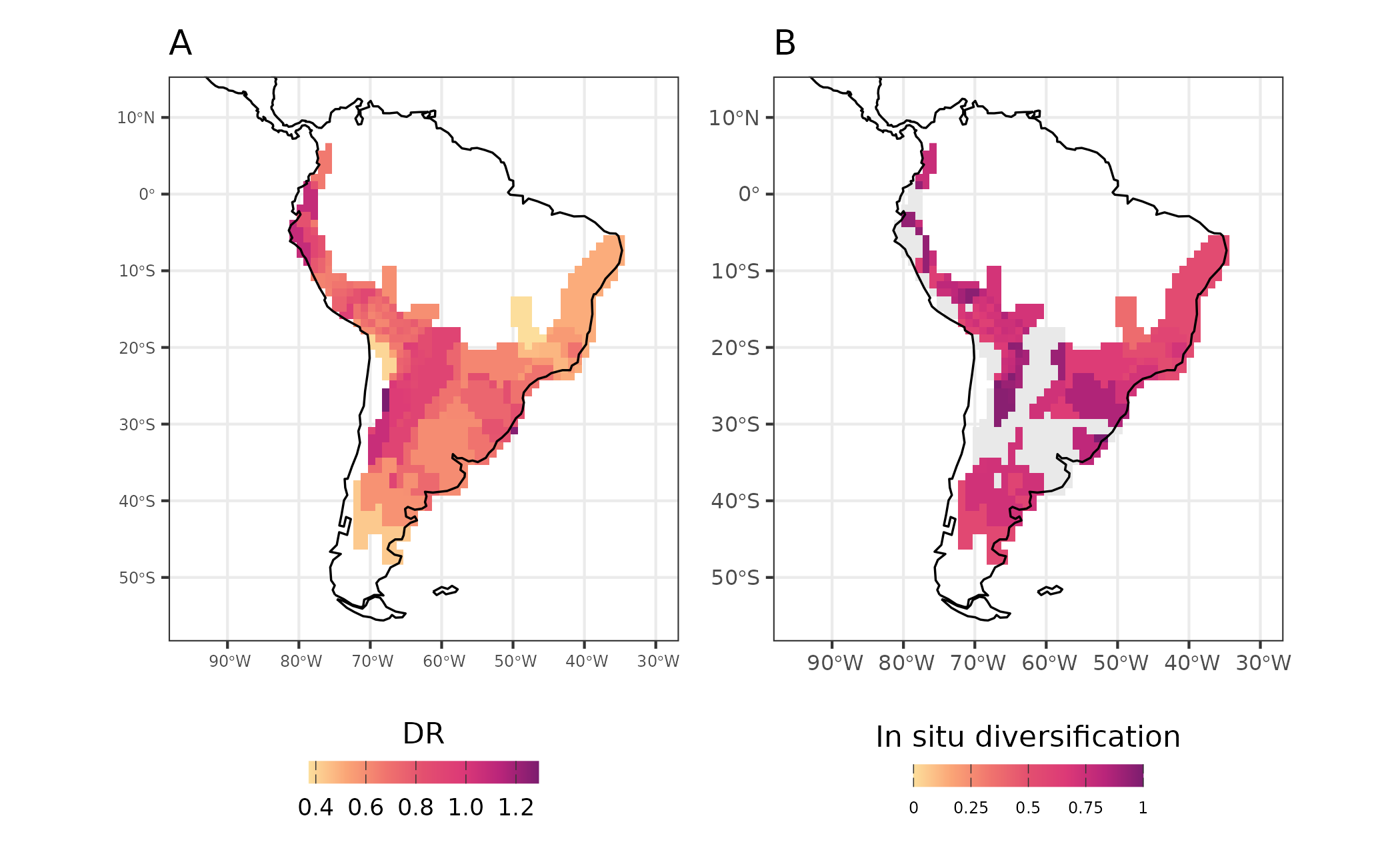 Figure 5 - Diversification rates (DR - A) and in-situ diversification (in-situ diversification - B) for Akodon assemblages