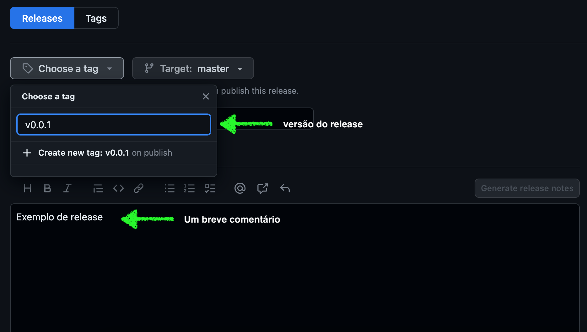 Página do github para preencher as informações do release