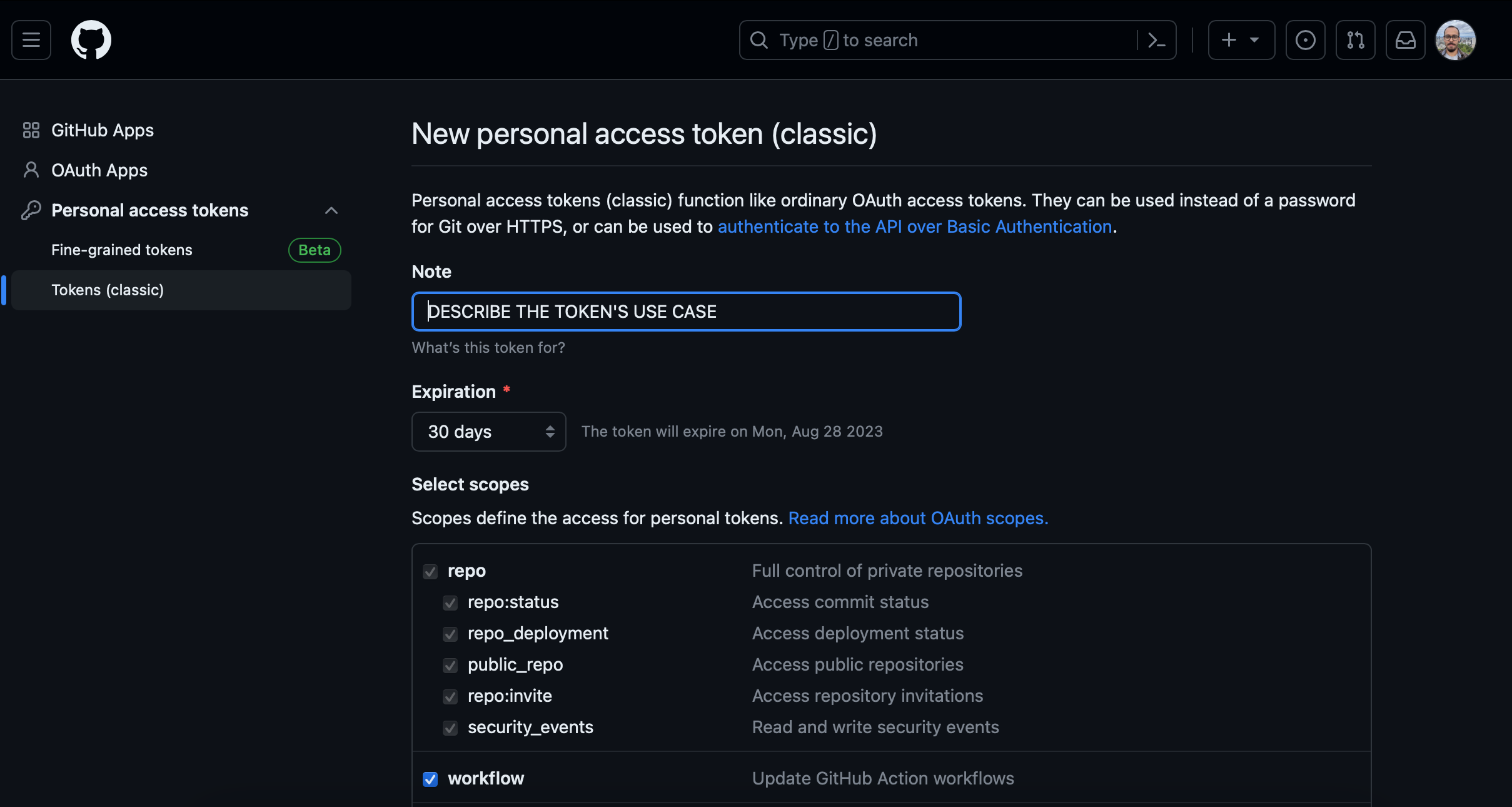 Exemplo da página do GitHub para gerar um token